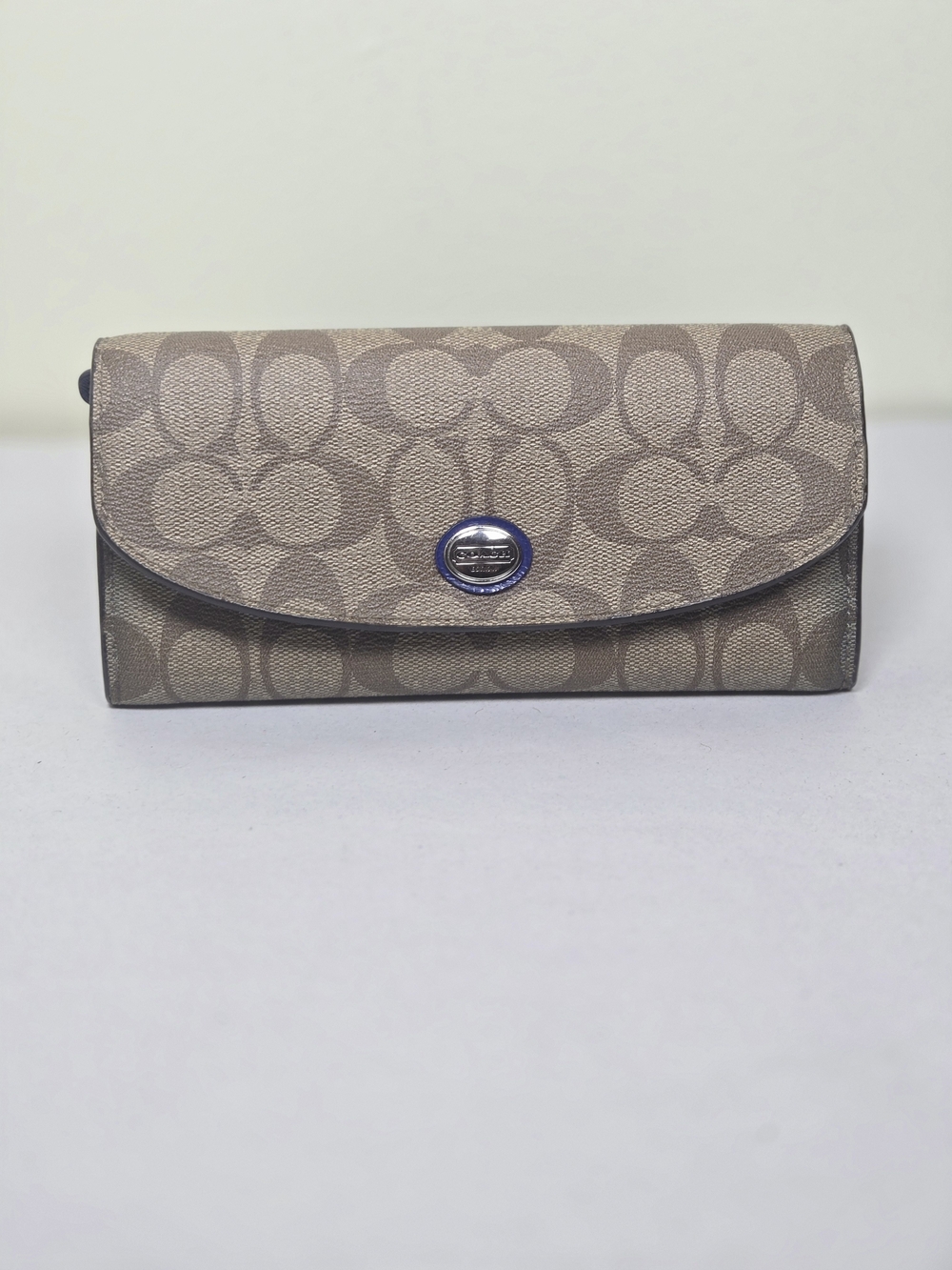 Coach Signature Canvas Flap Wallet Clutch in Khaki/Light Brown And Blue